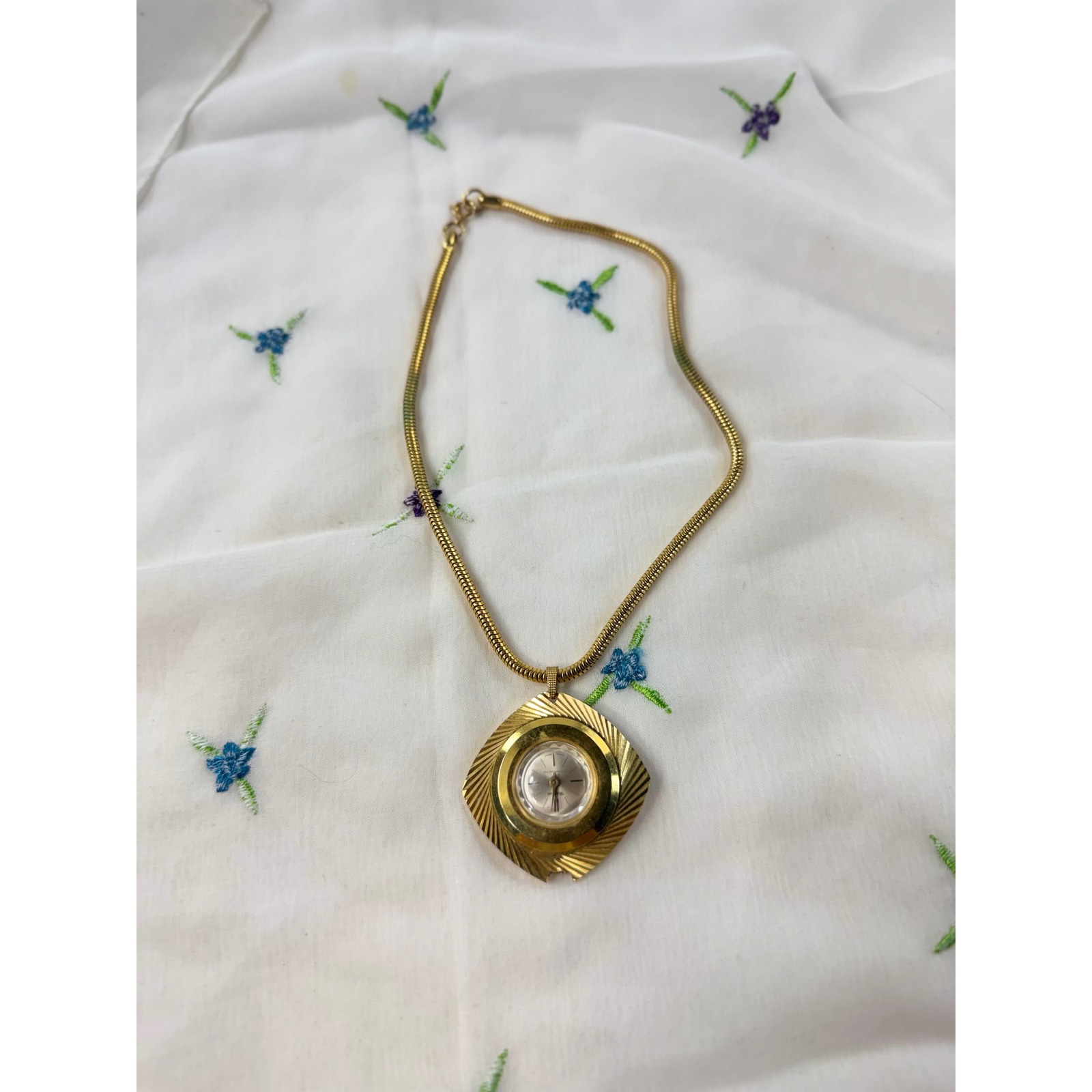 Vintage Waltham Pendant Watch Necklace Gold Tone Sunburst Floral Swiss Made